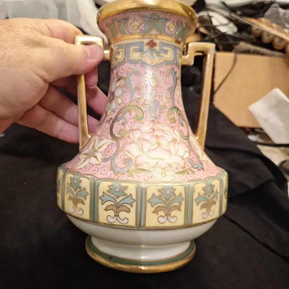 Antique Early 20th Century NIPPON JAPAN Gold Yellow Pink Pastel 8” VASE